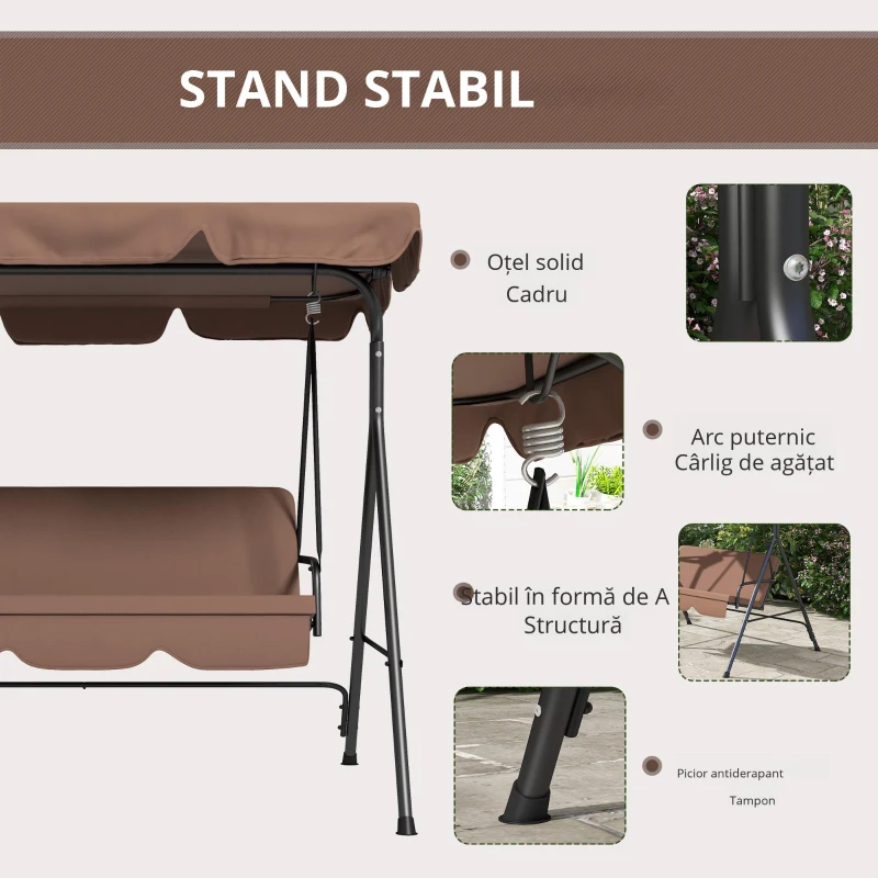 Outsunny Leagăn de Grădină cu 3 Locuri cu Baldachin și Cadru din Oțel și Poliester, 172x110x153 cm, Maro