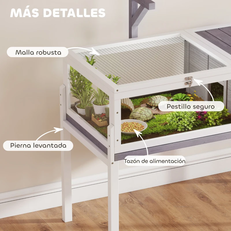 PawHut Casa para Tortugas de Madera con Techo de Malla Bandeja Extraíble y Soporte para Lámpara 104x53x82 cm Gris y Blanco