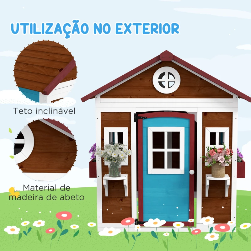 Outsunny Casinha de Madeira Infantil com Porta Janelas Floreiras e Prateleiras com Detalhes de Cor 114x126,4x135 cm Castanho Escuro