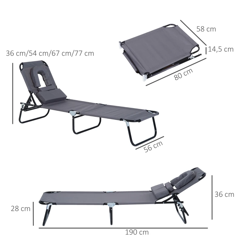 Outsunny Bain de soleil chaise longue pliante avec appuie-tête, trou de lecture, transat inclinable 4 positions en Oxford 600D, transat jardin extérieur camping piscine terrasse, 190x56x28cm, gris