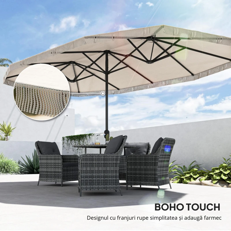Outsunny Umbrelon Dublu cu 12 Stecări și Manivelă, din Poliester și Oțel, 450x265x260 cm, Crem