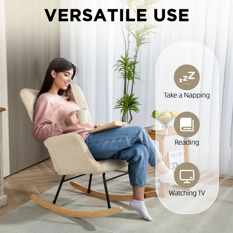 HOMCOM Fotel bujany, fotel z imitacją sztruksu, podłokietnikami, wysokim oparciem, drewnianymi płozami, nowoczesny fotel relaksacyjny do salonu i sypialni, do 120 kg, beżowy