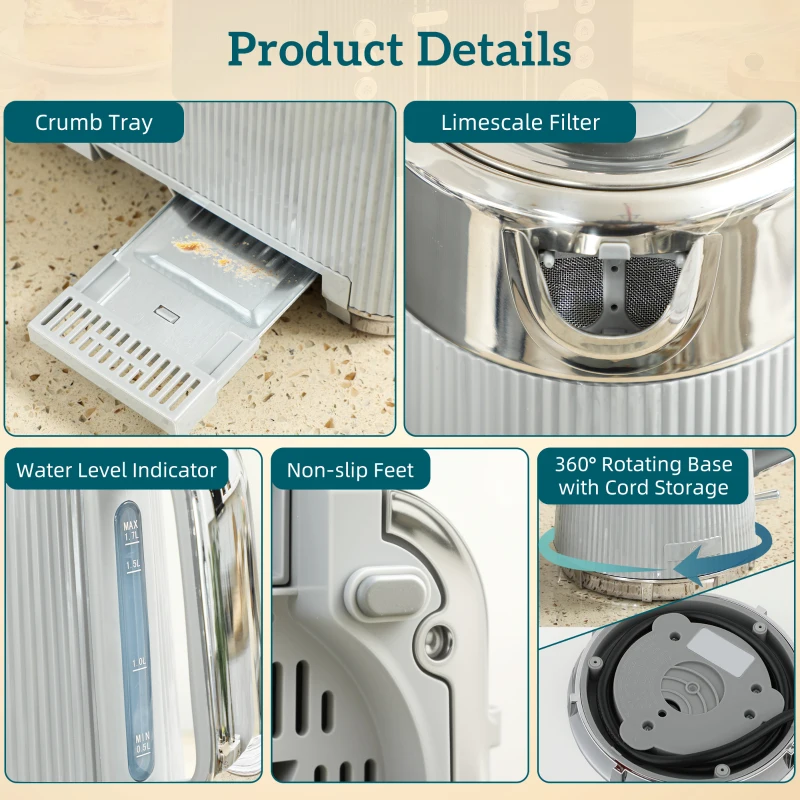 HOMCOM Electric Stainless Steel Kettle and Toaster Set, 3000W 1.7L UK Strix Thermostat Fast Boil Kettle w/ Limescale Filter, Cool Touch Body, 4 Slice Toaster with 7 Browning Levels, Taupe