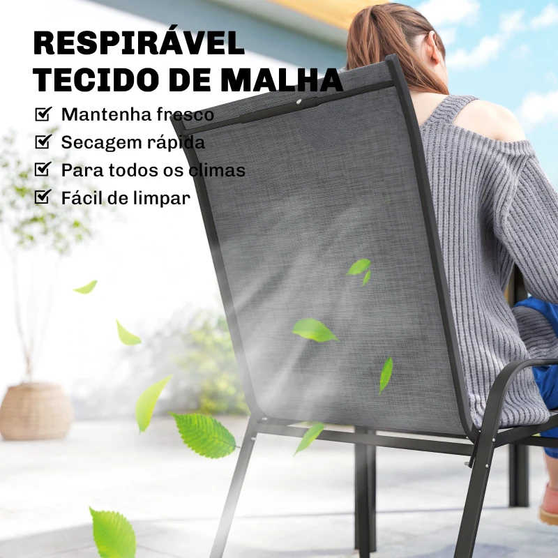 Outsunny Conjunto de Mesa e Cadeiras Jardim de 7 Peças com Mesa Metálica Efeito Madeira e 6 Cadeiras Empilháveis Cinza Misto