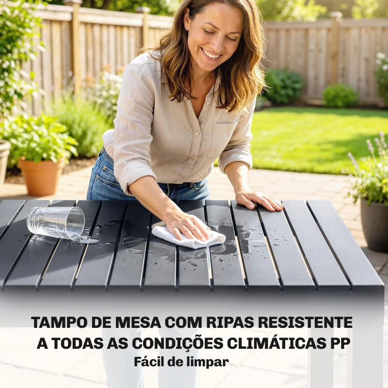Outsunny Conjunto de Mesa e Cadeiras de Jardim com Mesa de Ripas e 4 Cadeiras Empilháveis para Terraço ou Pátio Cinzento