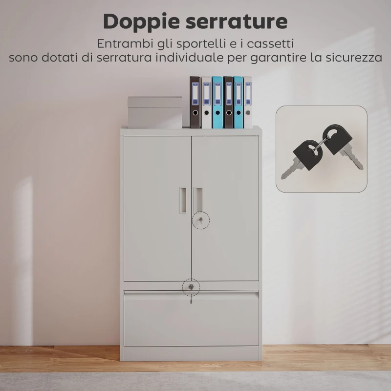 HOMCOM Mobile da Ufficio in Acciaio con Ripiano Interno Regolabile e Cassetto, 80x40x130 cm, Bianco
