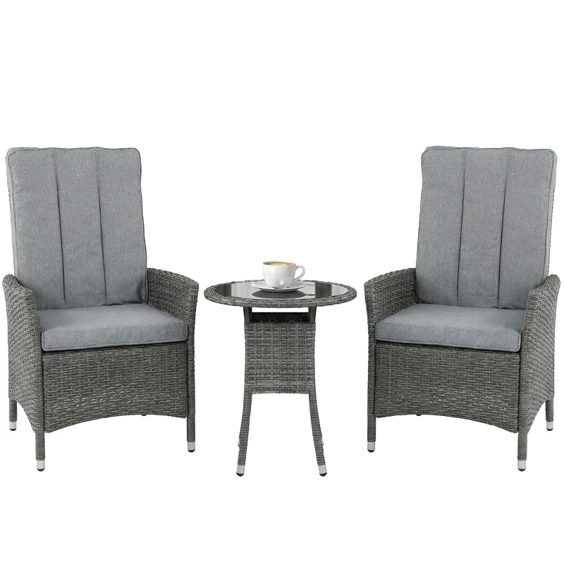 Outsunny Rattan Bistro Set, Reclining Garden Chairs and Glass Coffee Table with Cushions for Patio Balcony Porch, Grey