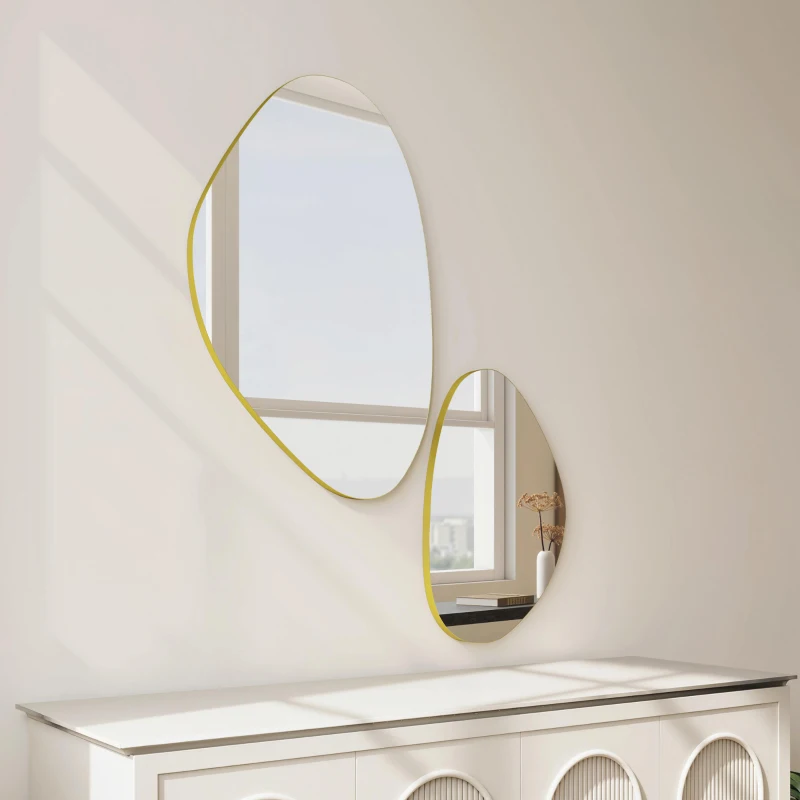 HOMCOM Set of 2 Pebble-Shaped Wall Mirror - Gold Tone