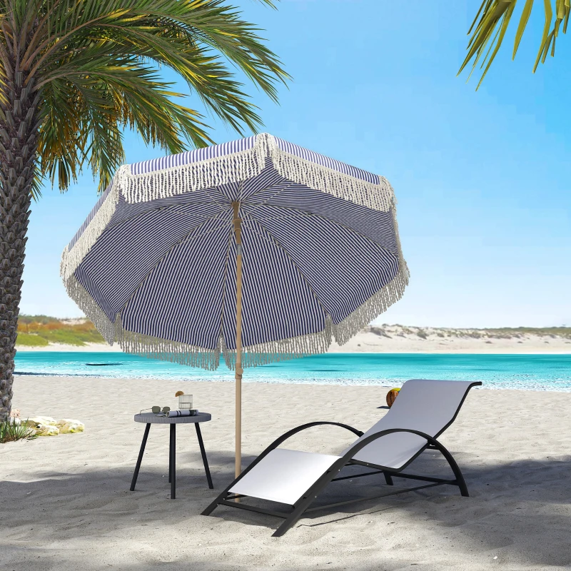 Outsunny 1.7 m Beach Umbrella with Sand Anchor, 30° Tilting Fringed Beach Garden Parasol with Adjustable Height, Blue