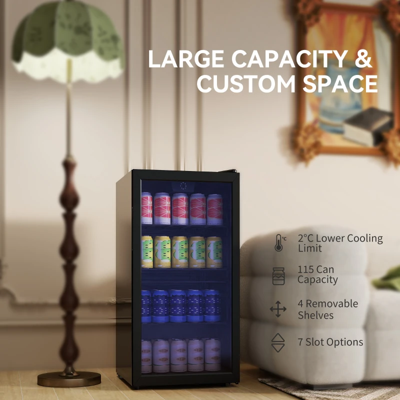 HOMCOM Mini Kühlschrank 93L Kühlbox mit Glastür, verstellbaren Regalen, LED, Temperaturregelung, 47,2 x 43,7 x 83,3 cm Schwarz