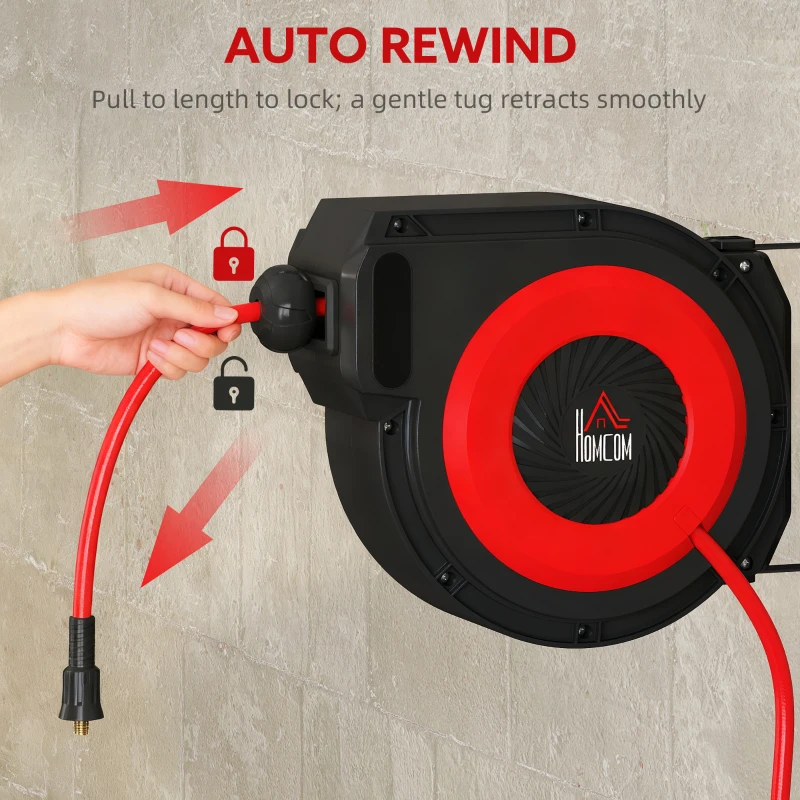 HOMCOM Szpula na wąż z mechanizmem zwijającym, 16,5 m długości węża, montaż ścienny, Czerwony+Czarny