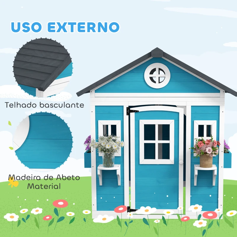 Outsunny Casinha de Madeira Infantil com Porta Janelas Floreiros e Prateleiras com Detalhes Coloridos 114x126,4x135 cm Azul