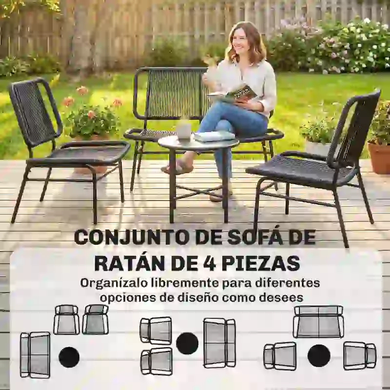 Outsunny Conjunto de Jardín Exterior de Ratán 4 Piezas Incluye Sofá de 2 Plazas 2 Sillas Mesa de Centro con Tapa Metálica Negro