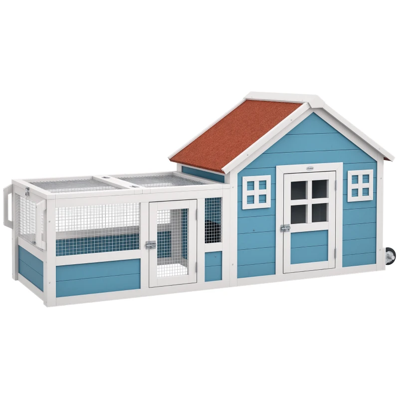 PawHut Cușcă mare pentru iepuri cu 2 ferestre decorative roți 1 ușă 1 rampă și acoperiș asfaltat 162,5x59,2x77,6 cm Albastru