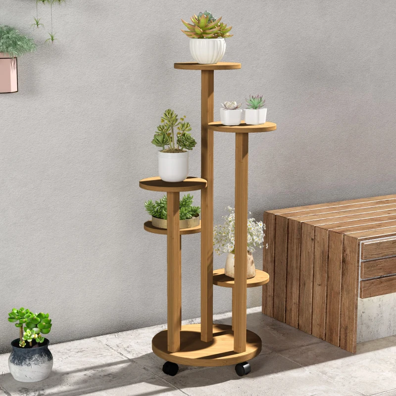 Outsunny Étagère à plantes en bambou étagères rondes à fleurs support de pots de fleurs 5 niveaux bois naturel