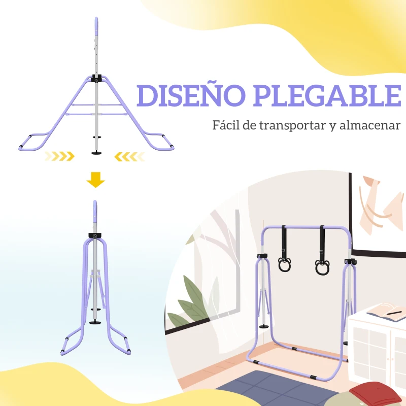 HOMCOM Barra de Gimnasia para Niños Altura Ajustable en 5 Niveles y Anillos Entrenamiento de Gimnasia Plegable en Casa Púrpura
