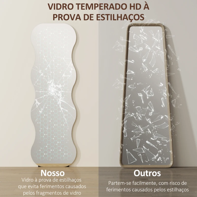 HOMCOM Espelho de Pé 160x50 cm sem Moldura Espelho de Corpo Inteiro com Forma Ondulada Suporte e Base de Madeira Preto