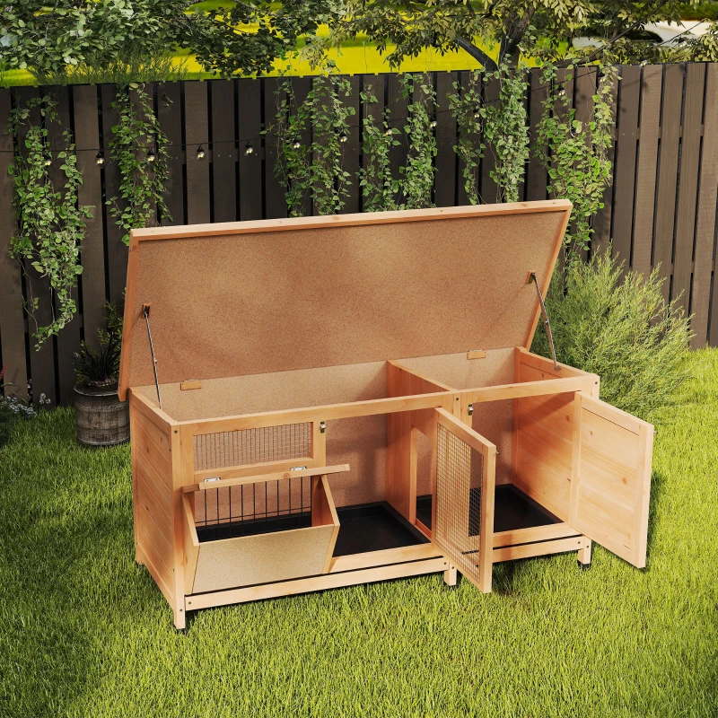 PawHut Jaula para Conejos con Techo Asfáltico Abatible Puertas con Pestillo Bandejas Extraíbles Comedero 112x50x54 cm Amarillo