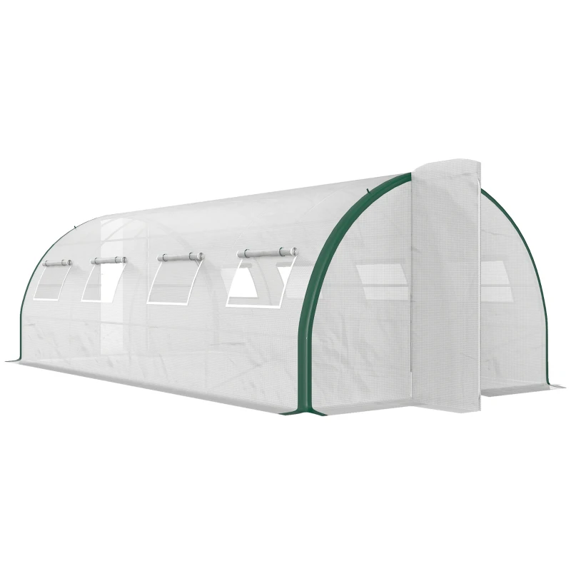 Outsunny Serre tunnel de jardin 18m², serre de jardin tunnel avec portes et 8 fenêtres, bâche PE 140g/m² 600 x 300 x 200 cm blanc