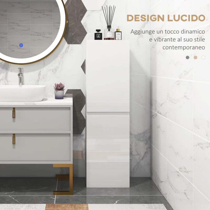 kleankin Mobile Bagno Alto a Colonna con Ante, 2 Armadietti, Mobiletto Bagno Salvaspazio con Ripiani Regolabili per Sala da Pranzo Salotto Soggiorno, 35 x 25 x 120 cm, Bianco Lucido