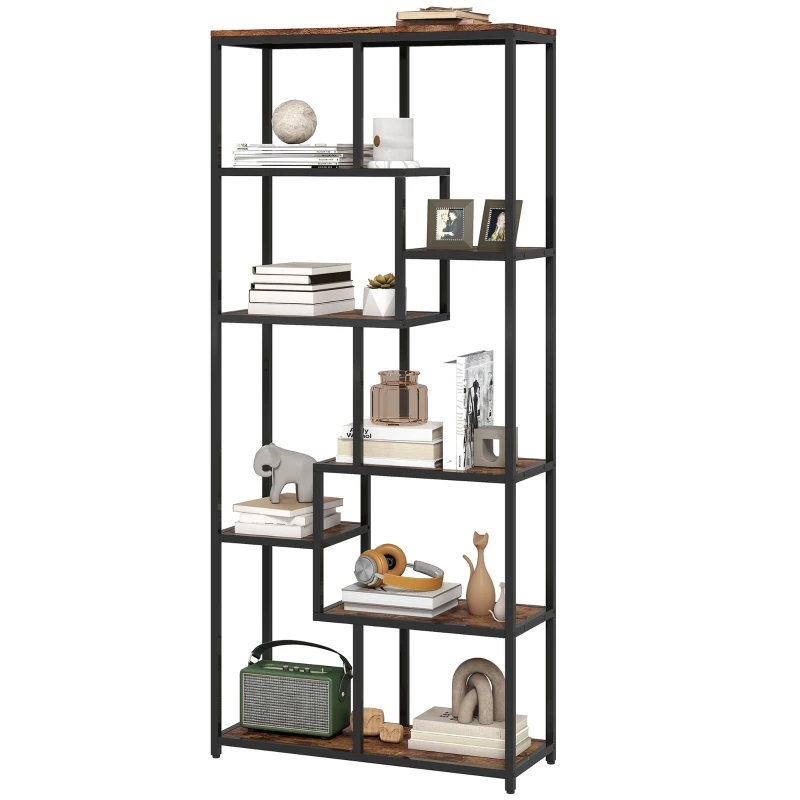 HOMCOM Seven-Tier Geometric Bookcase - Brown/Black
