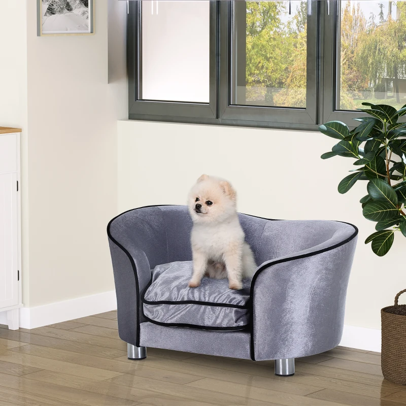 PawHut Canapé chien chat sur pied style  contemporain lit animaux avec accoudoir dossier coussin amovible grand confort + poche rangement revêtement peluche courte 69 x 49 x 38 cm gris