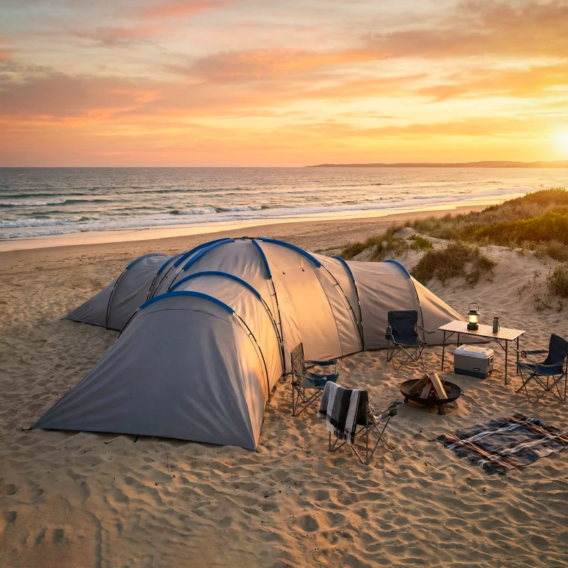 Outsunny 6-9 Man Large Tunnel Tent with 3 Bedrooms, Living Area and Porch, Stand-up Camping Tent, Portable with Bag, Light Grey