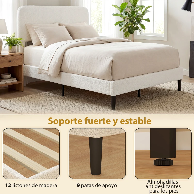 HOMCOM Estructura de Cama Doble con Cabecero Ajustable en Altura Tapizada en Borreguito Listones de Soporte Blanco