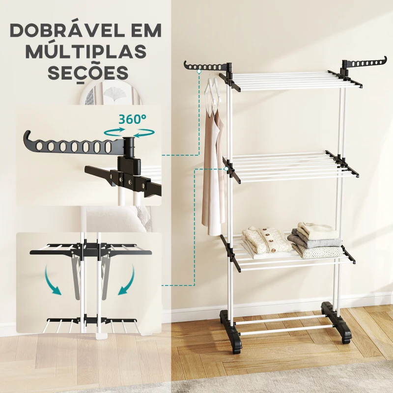 HOMCOM Estendal Dobrável para Roupa com Rodas Estendal Vertical de Aço com 3 Níveis Laterais Dobráveis 73x64x177cm Preto e Branco