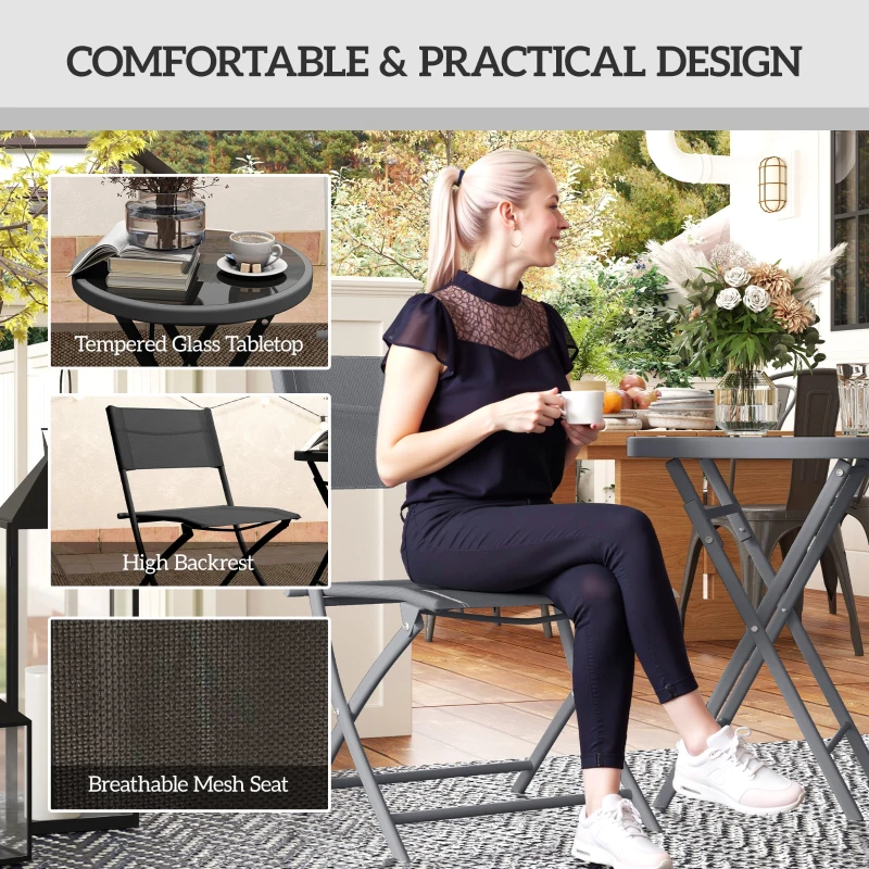 Outsunny 3 Pieces Outdoor Bistro Set, Glass Top Outdoor Table and 2 Folding Chairs with Protecting Feet, Black