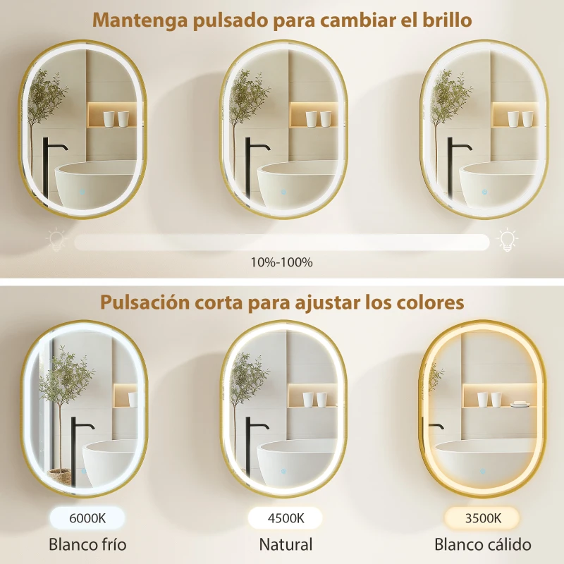 HOMCOM Armario de Baño con Espejo y Luces LED de 3 Colores Armario de Pared Ovalado con Función Memoria y Antivaho Dorado