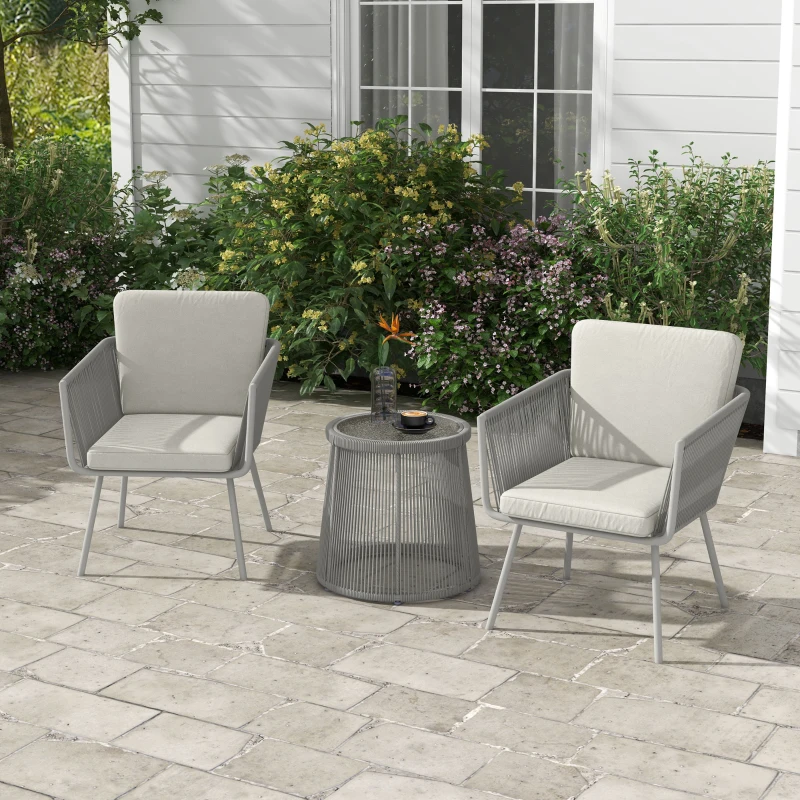 Outsunny Ensemble salon de jardin 3 pièces style colonial 2 fauteuils avec coussins gris table basse résine filaire acier époxy