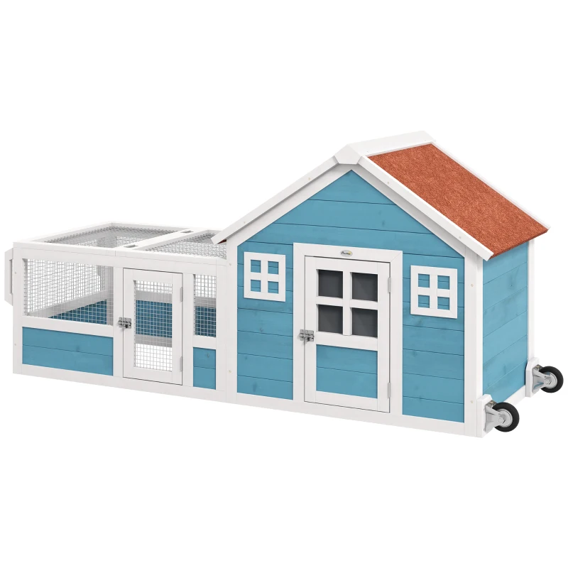 PawHut Cușcă mare pentru iepuri cu 2 ferestre decorative roți 1 ușă 1 rampă și acoperiș asfaltat 162,5x59,2x77,6 cm Albastru