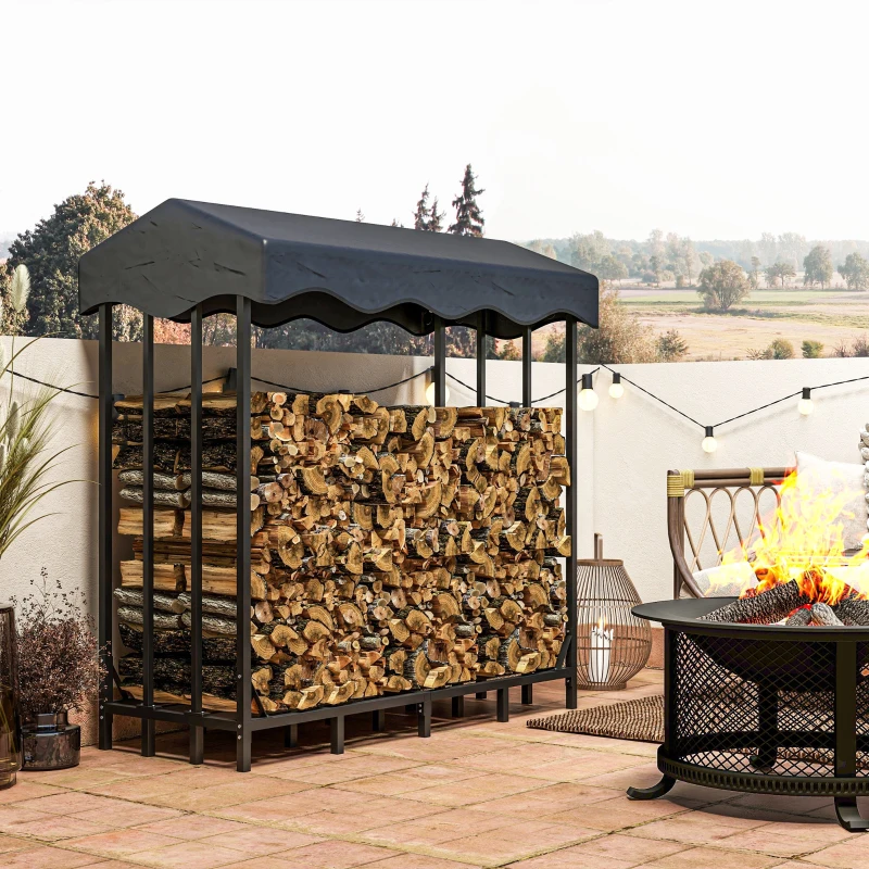 Outsunny Suport pentru lemne cu husă pentru exterior cu structură întărită, impermeabil 143x70x145 cm, Negru