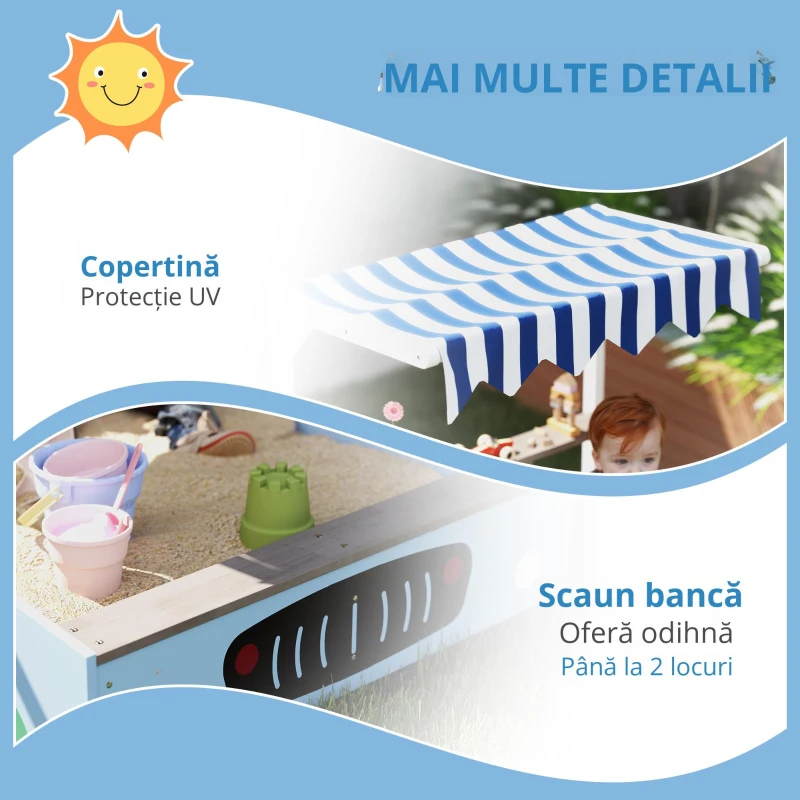 AIYAPLAY Ladă de nisip cu copertină, design magazin alimentar, bancă, tablă de scris, lemn de brad, 104H x 108L x 90B cm, Albastru