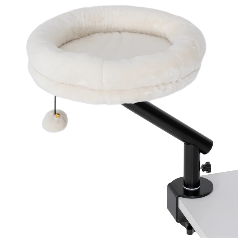 PawHut Lit de bureau pour chat, lit pour bureau avec rotation 360°, hauteur réglable, couchette pour chat avec lit amovible lavable en machine, pour chats de moins de 6 kg, bureau à domicile, Blanc crème