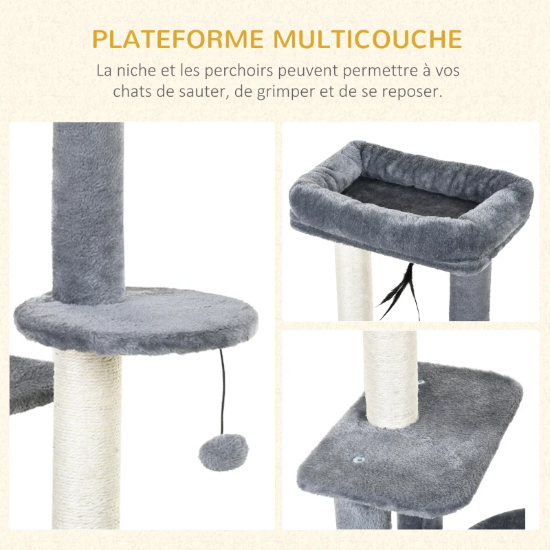 PawHut Arbre à chats avec griffoirs grattoirs sisal naturel centre d'activités niche plateformes 2 jouets suspendus gris