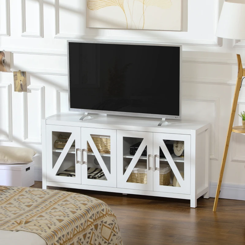 HOMCOM Comodă TV pentru living masă pentru televizoare de până la 147,3 cm cu 4 uși din sticlă, rafturi reglabile 130x35x60 cm Alb