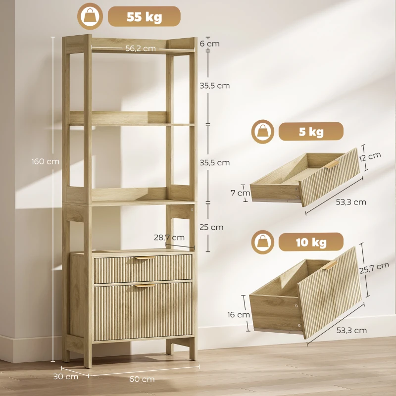 HOMCOM Hohes Bücherregal, Aufbewahrungsmöbel mit 4 offenen Ablagen und 2 geriffelten Schubladen, 60 x 30 x 160 cm, Naturholz