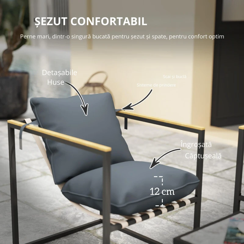 Outsunny set mobilier grădină 4 piese, 2 fotolii, canapea 2 persoane, masă, perne incluse, gri