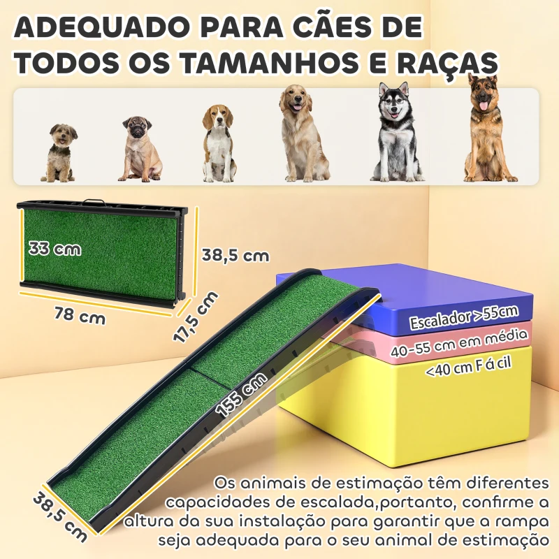 PawHut Rampa para Cães com Relva Artificial 155 cm Dobrável com Pega Ângulo Ajustável Verde