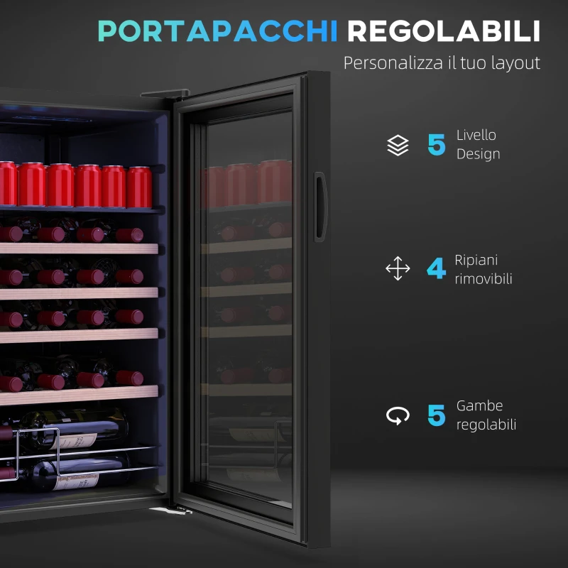 HOMCOM Cantinetta Frigo per Vino da 63L con Ripiani Regolabili per 16 Bottiglie e 25 Lattine, 43x45x74 cm, Nero