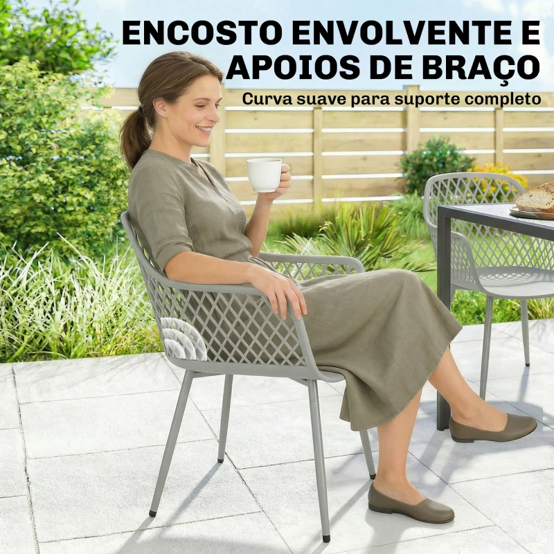Outsunny Conjunto de 4 Cadeiras de Jardim Exterior em PP com Encosto Diamante  Apoios de Braços e Pés Metálicos 6x51x84 cm Cinzento