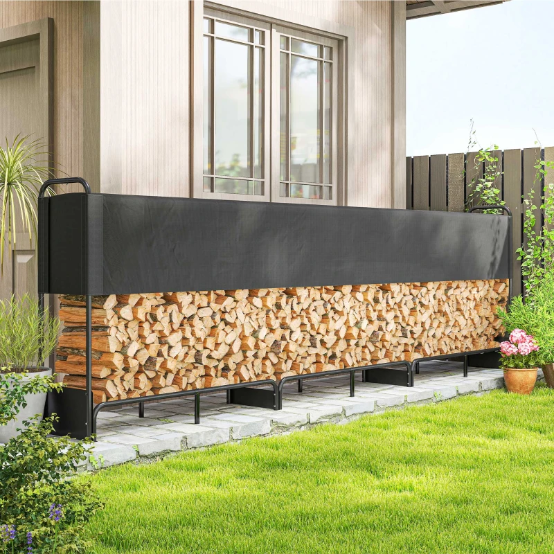 Outsunny Range bûches extérieur, abri bois de chauffage couverture imperméable 600D Oxford charge 600 kg 389 x 38 x 118 cm noir