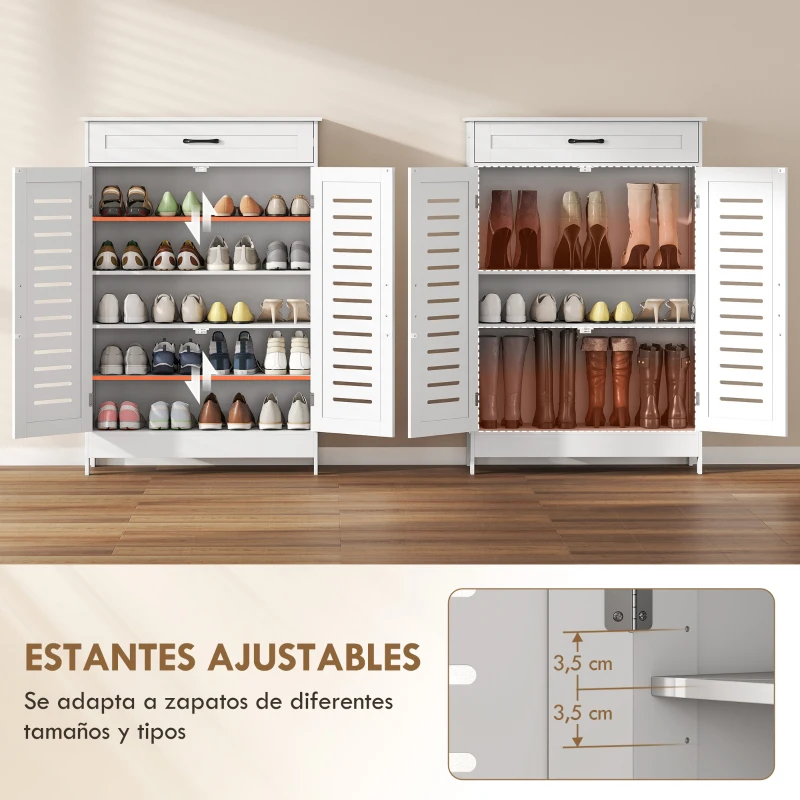 HOMCOM Armario para Zapatos con Puertas de Rejilla Cajón y Estantes Ajustables para 20 Pares de Zapatos 78x37x115,8 cm Blanco