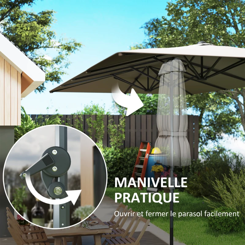 Outsunny Parasol de jardin extérieur, parasol double rectangulaire 451 x 264 cm avec manivelle toile polyester 200g/m² gris foncé