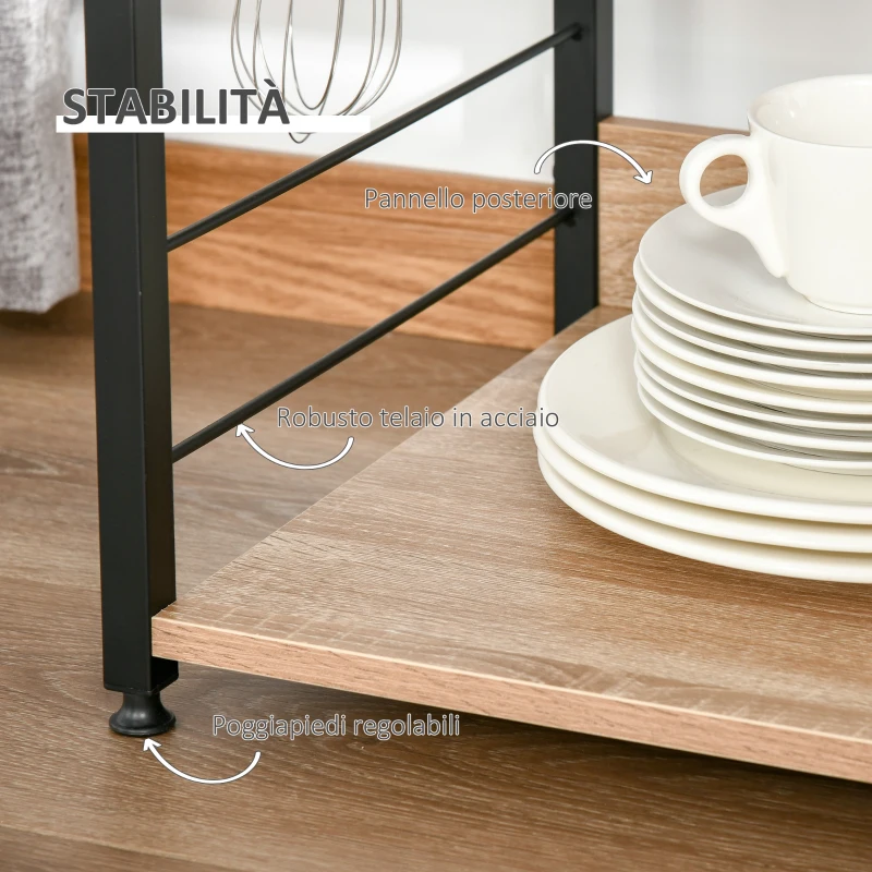 HOMCOM Mobiletto Microonde da Cucina con 4 Ripiani e 4 Ganci, in Acciaio e Legno, 60x40x125 cm, Color Legno