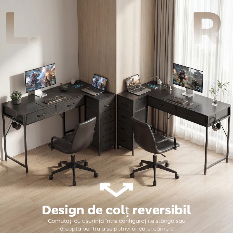 HOMCOM Birou de Colț Reversibil cu Prize de Curent și Porturi USB, 126 x 48 cm, Birou în Formă de L cu 6 Sertare din Material Textil, Cârlig Lateral, pentru Computer, Birou, Studiu, Acasă, Negru
