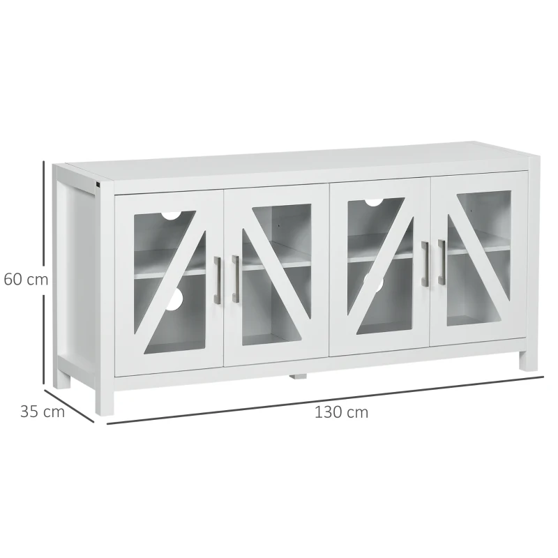 HOMCOM Comodă TV pentru living masă pentru televizoare de până la 147,3 cm cu 4 uși din sticlă, rafturi reglabile 130x35x60 cm Alb