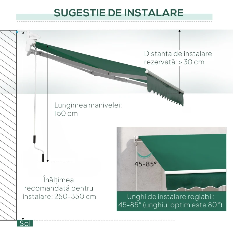 Outsunny Umbrelă de Soare cu Manivelă 3x2 m cu Unghi Reglabil, din Aluminiu, Oțel și Poliester Verde